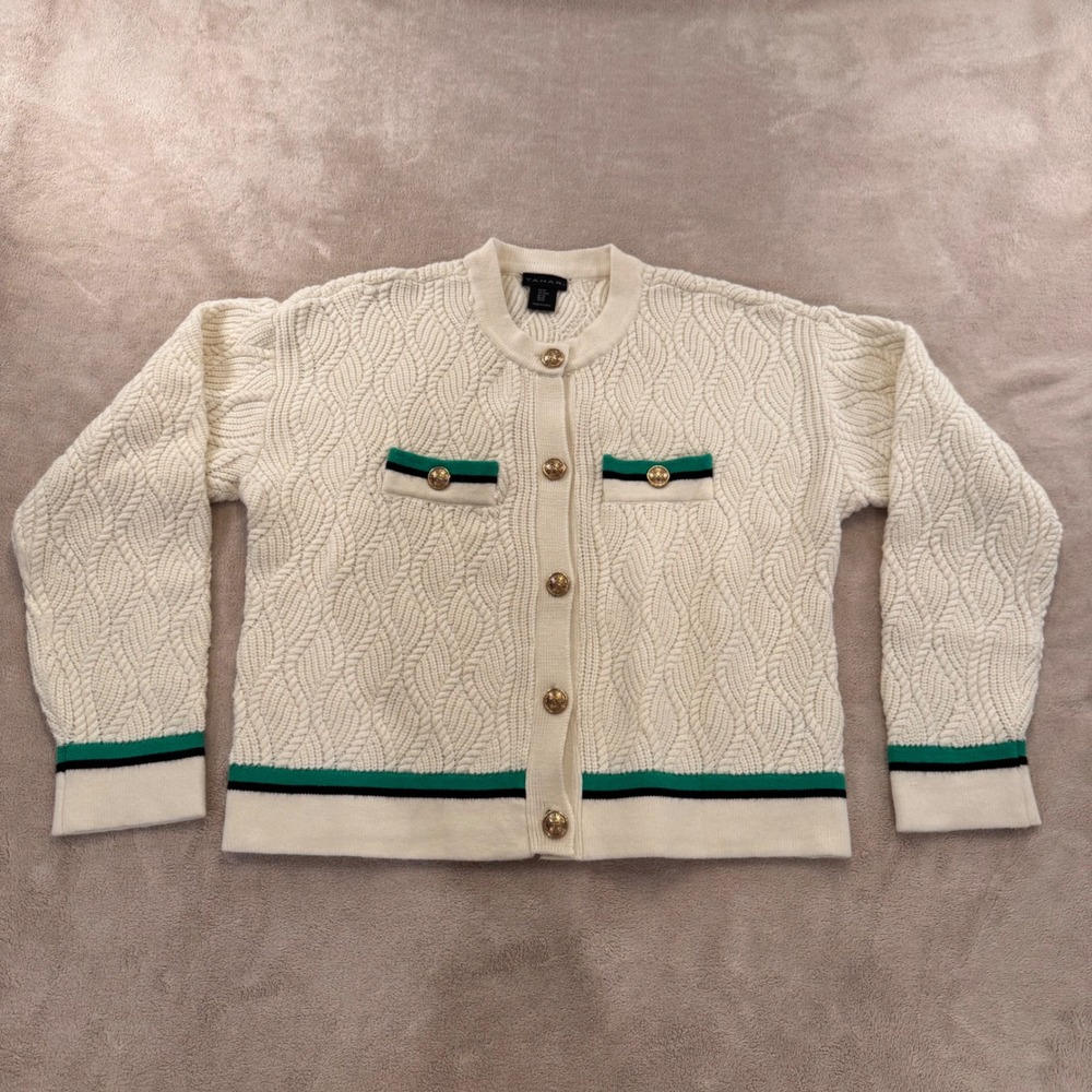 Tahari Cable Knit Cardigan Gold Button Preppy Old Money Quiet Luxury Cream Sz M - Picture 2 of 11